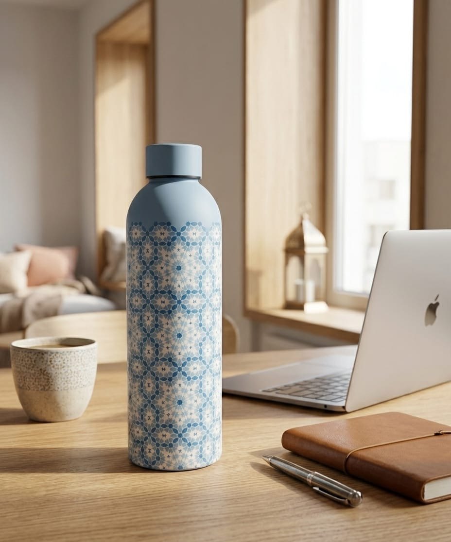 Bouteille QSAR Azure Blue posée sur un bureau à côté d’un ordinateur portable et d’un carnet
