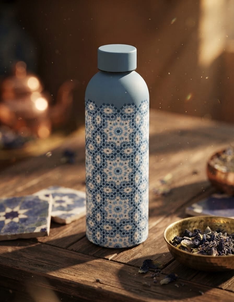 Bouteille QSAR Azure Blue sur une table en bois, entourée de zelliges et d’une théière en cuivre