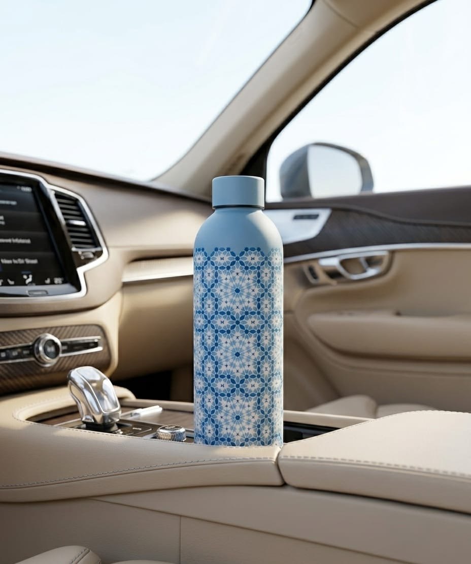 Bouteille QSAR Azure Blue dans le porte-gobelet d’une voiture à l’intérieur beige